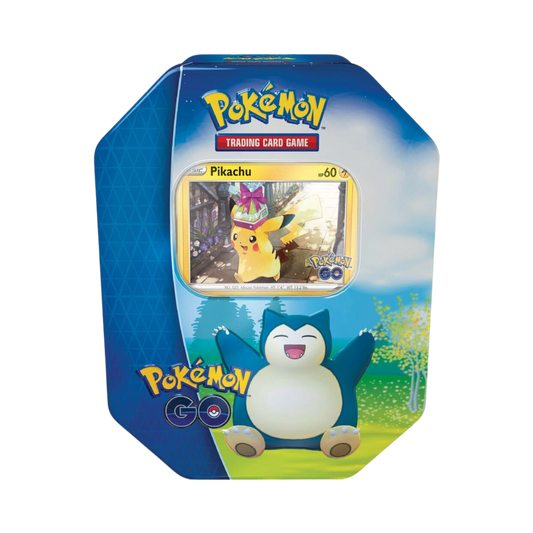 Sealed Pokémon GO Tin with Pikachu promo card, 4 booster packs, bonus foil card, and sticker sheet featuring Pikachu, Snorlax, and Blissey 