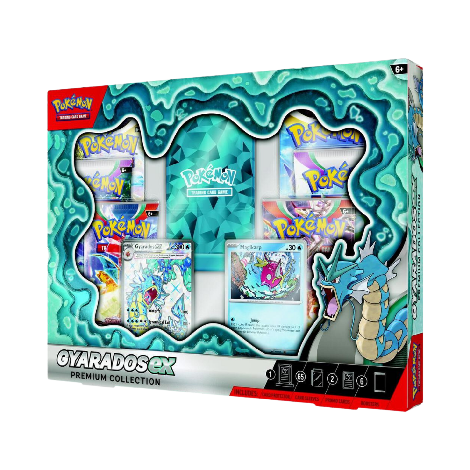 Sealed Pokémon Gyarados ex Premium Collection with foil Gyarados ex promo, Magikarp card, booster packs, sleeves, and magnetic card display case