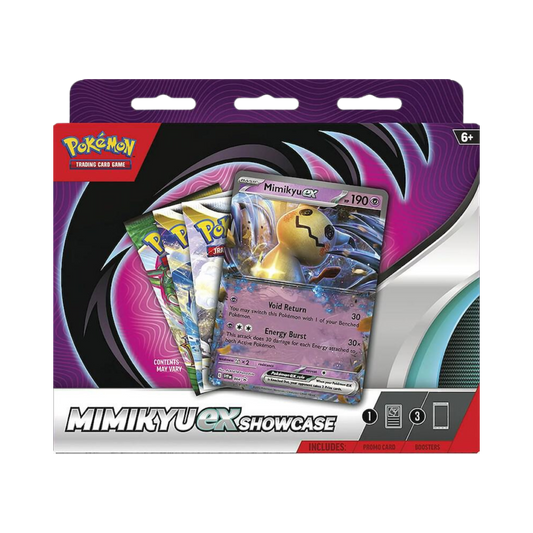 Sealed Pokémon TCG Mimikyu ex Showcase with holographic Mimikyu ex promo card and 3 booster packs in themed packaging