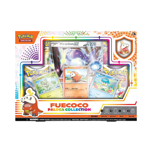 Sealed Pokémon Paldea Collection box with foil Sprigatito, Fuecoco, and Quaxly cards, oversized Koraidon or Miraidon ex card, 4 booster packs, and collector pin