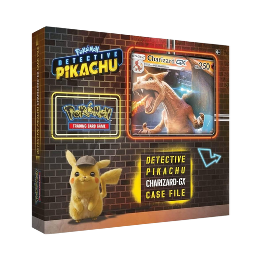 Sealed Pokémon TCG Detective Pikachu Charizard-GX Case File with foil promo card, jumbo card, and booster packs in themed packaging