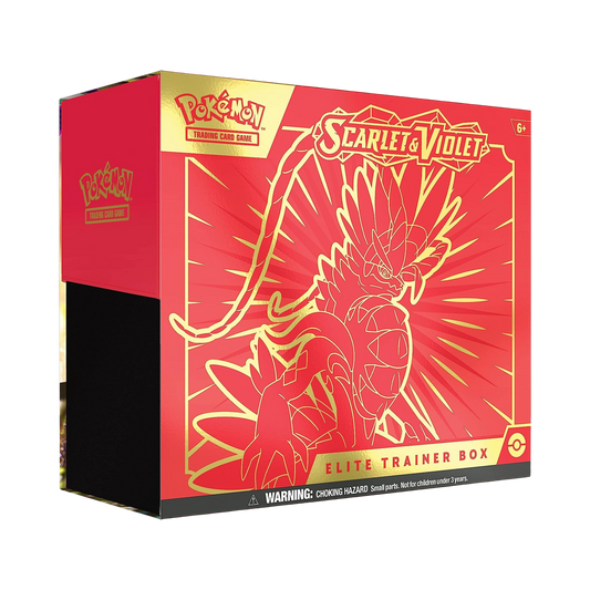 Sealed Pokémon Scarlet & Violet Elite Trainer Box featuring Koraidon artwork, includes 9 booster packs, promo card, and themed accessories