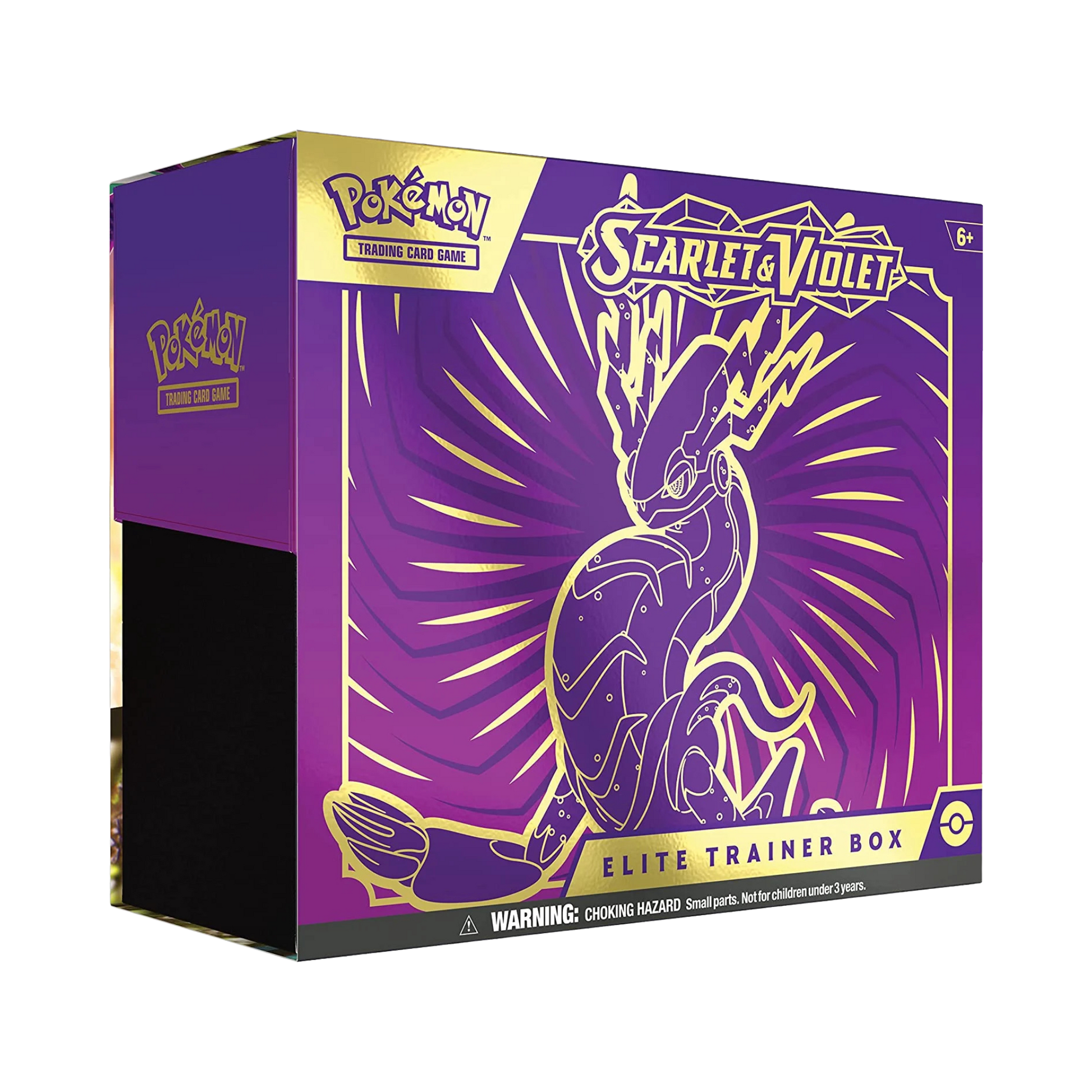 Sealed Pokémon Scarlet & Violet Elite Trainer Box featuring Miraidon artwork, includes 9 booster packs, promo card, and themed accessories