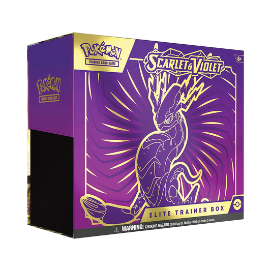 Sealed Pokémon Scarlet & Violet Elite Trainer Box featuring Miraidon artwork, includes 9 booster packs, promo card, and themed accessories