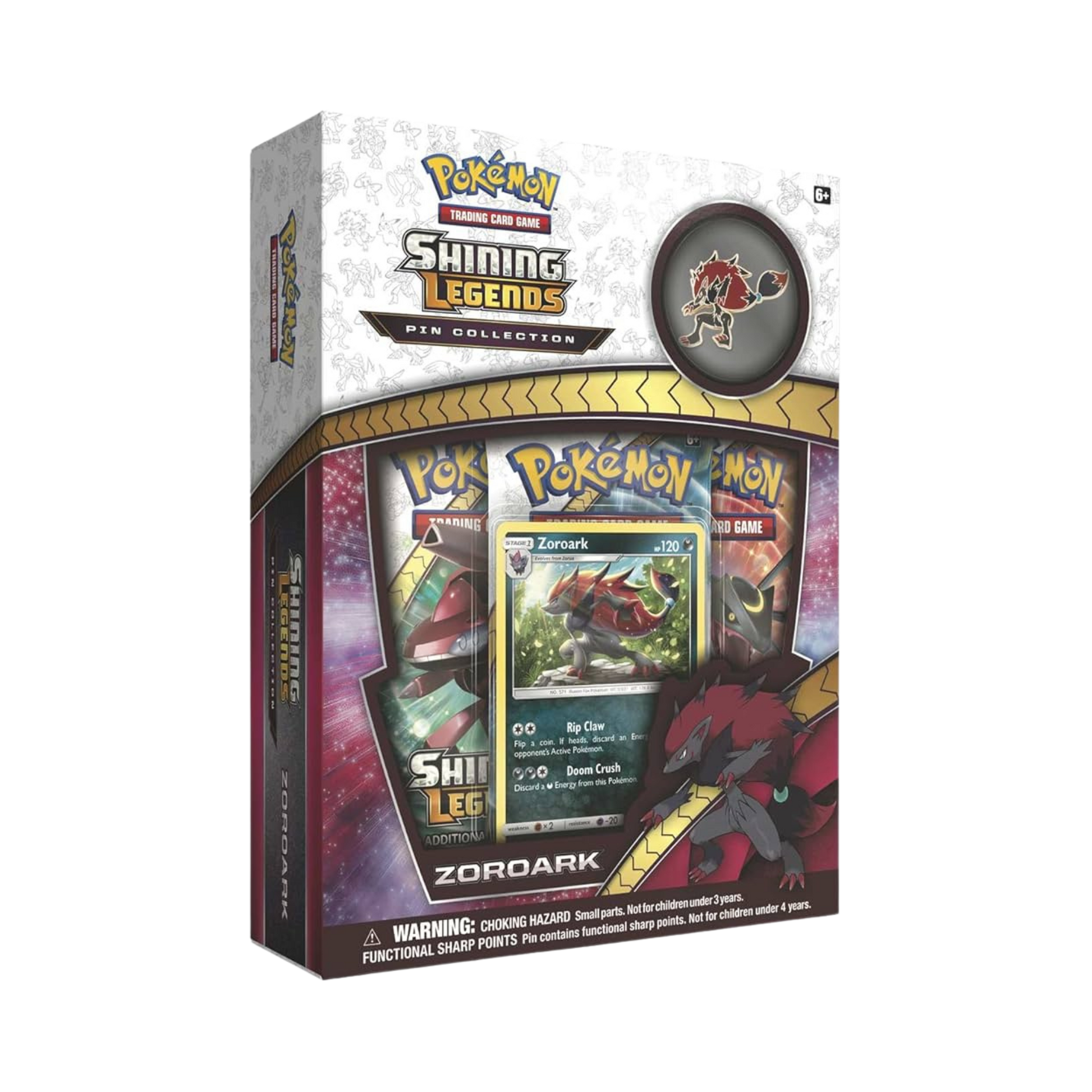 Sealed Pokémon Shining Legends Zoroark Pin Collection with promo card, collector pin, and 3 booster packs in display packaging