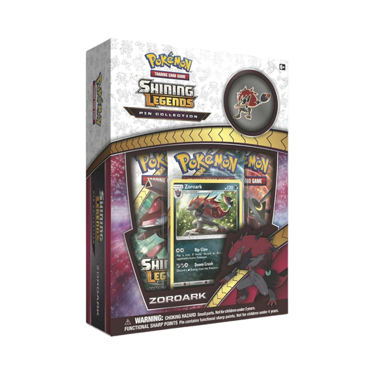 Sealed Pokémon Shining Legends Zoroark Pin Collection with promo card, collector pin, and 3 booster packs in display packaging