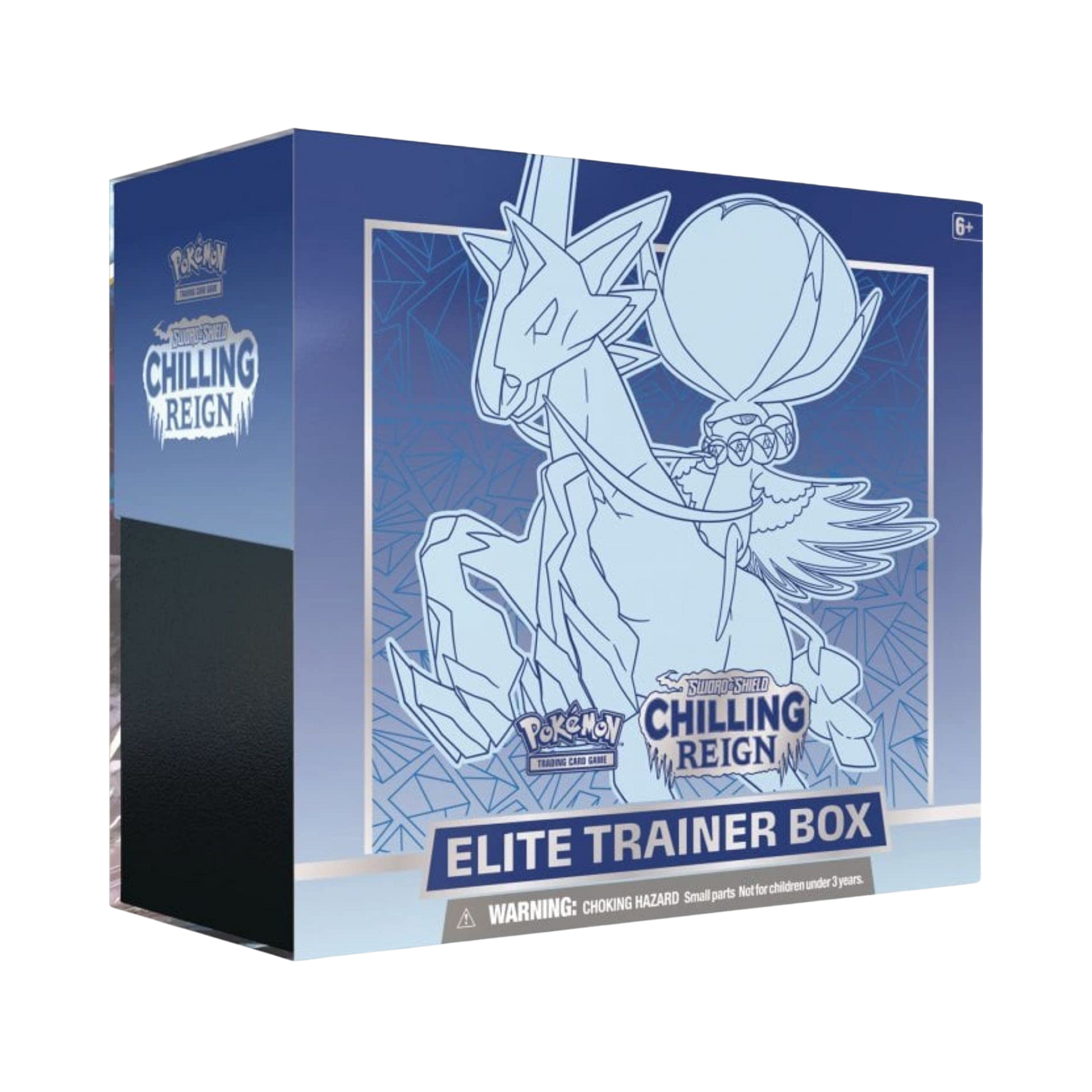 Sealed Pokémon TCG Chilling Reign Elite Trainer Box featuring Ice Rider Calyrex artwork with 8 booster packs and themed gameplay accessories