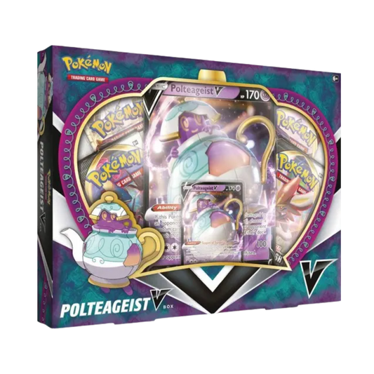 Sealed Pokémon Polteageist V Box with promo card, oversized card, and 4 booster packs in display packaging