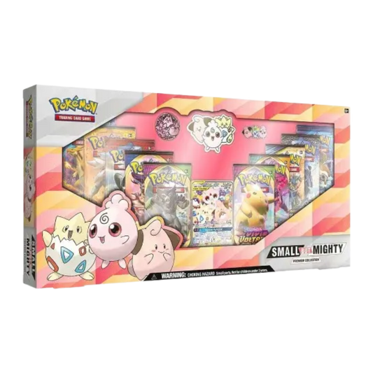 Sealed Pokémon Small But Mighty Premium Collection Box with Togepi, Cleffa, and Igglybuff promo cards, booster packs, coin, and card sleeves