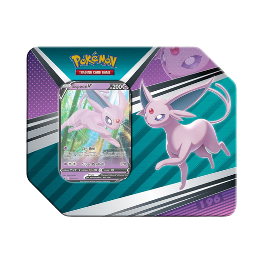 Sealed Pokémon V Heroes Tin with Espeon V promo card and 5 booster packs in Eeveelution-themed collectible packaging