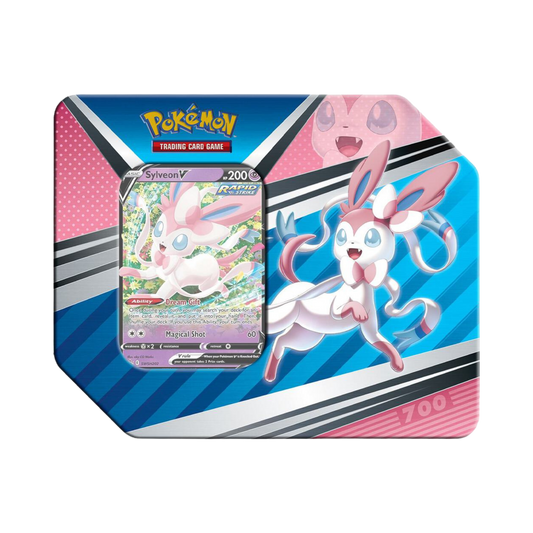 Sealed Pokémon V Heroes Tin featuring Sylveon V promo card and 5 booster packs in Eeveelution-themed collector tin