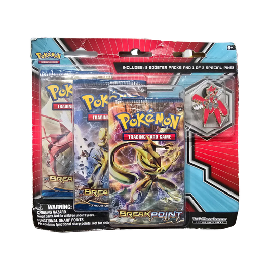 Sealed Pokémon XY BREAKpoint 3-Pack Blister with Mega Scizor pin and 3 booster packs in collectible blister packaging