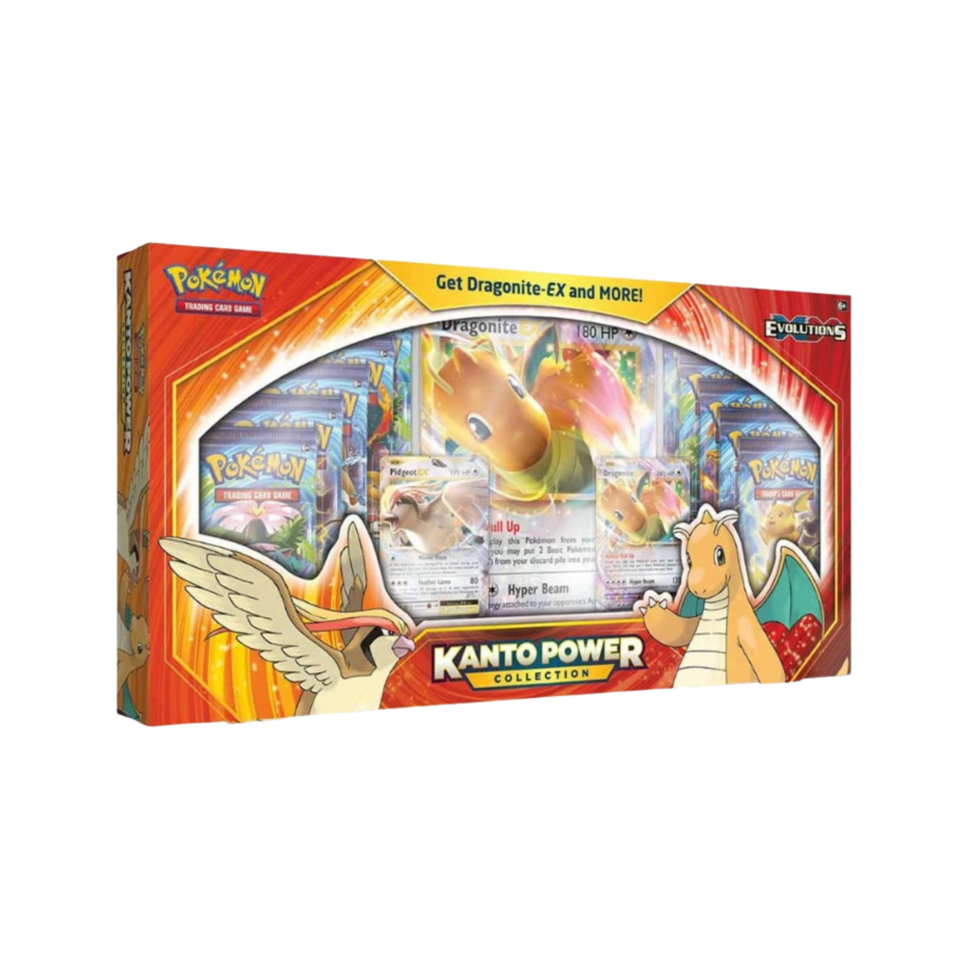 Sealed Pokémon XY Kanto Power Collection featuring Dragonite EX and Pidgeot EX promo cards with 10 booster packs in collector display box