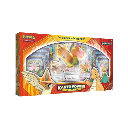 Sealed Pokémon XY Kanto Power Collection featuring Dragonite EX and Pidgeot EX promo cards with 10 booster packs in collector display box