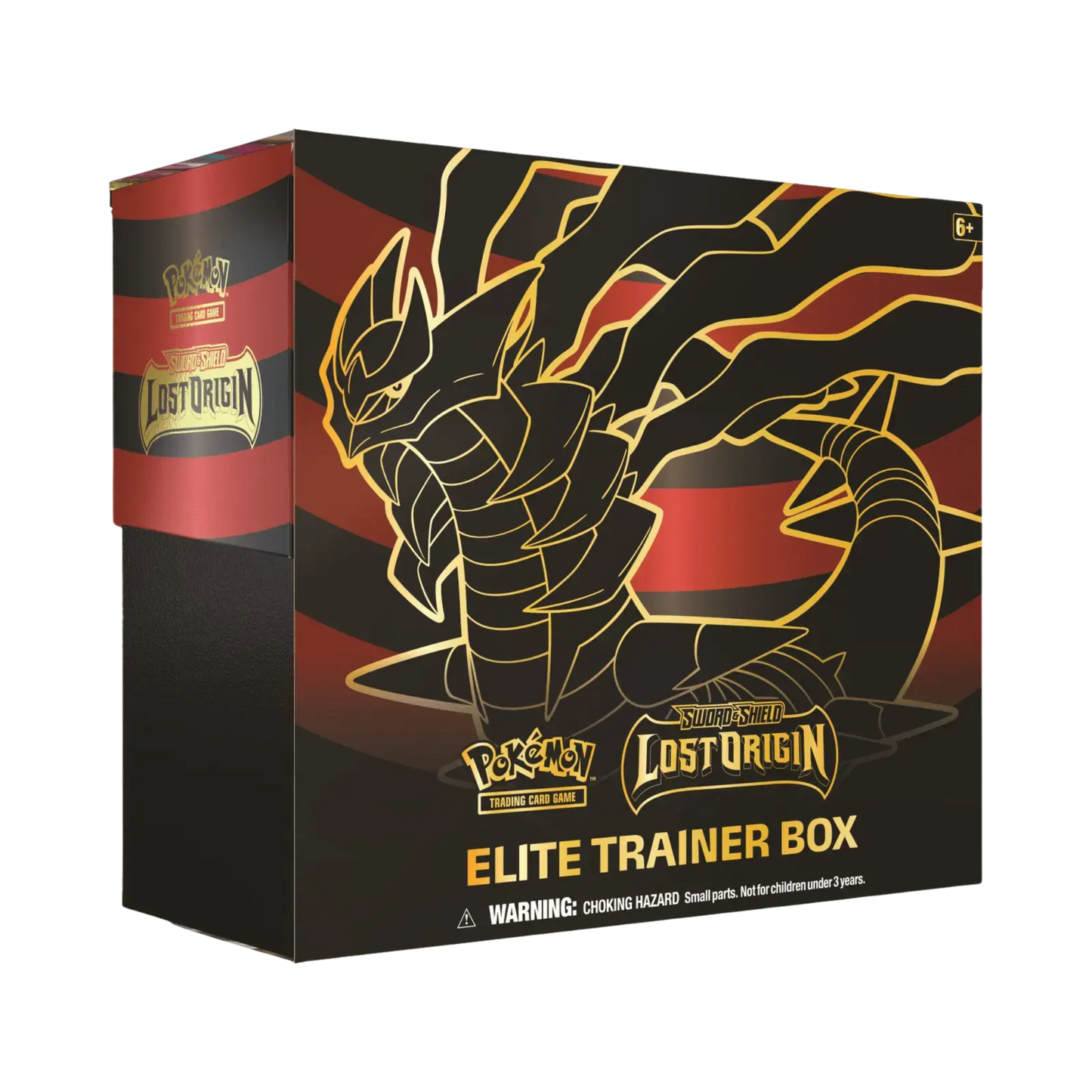 Sealed Pokémon TCG Lost Origin Elite Trainer Box with 8 booster packs, Giratina-themed artwork, and gameplay accessories