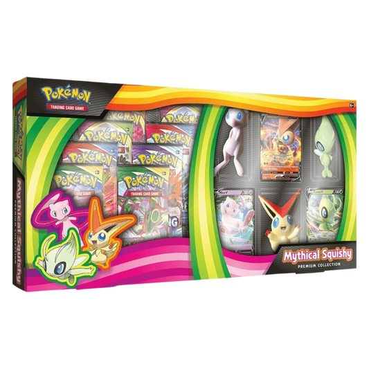 Sealed Pokémon Mythical Squishy Premium Collection with Mew, Celebi, and Victini V promo cards, squishy figures, and 8 booster packs