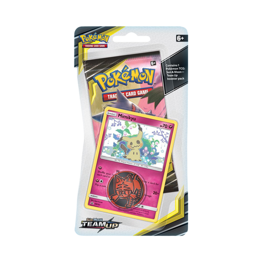 Sealed Pokémon Team Up Single Pack Blister with Mimikyu promo card, 1 booster pack, and collectible coin