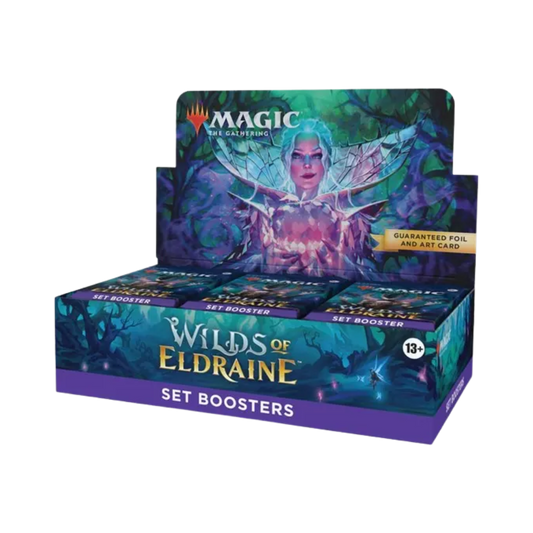 Sealed Magic: The Gathering Wilds of Eldraine Set Booster Box with 30 booster packs featuring fairy tale-themed fantasy artwork