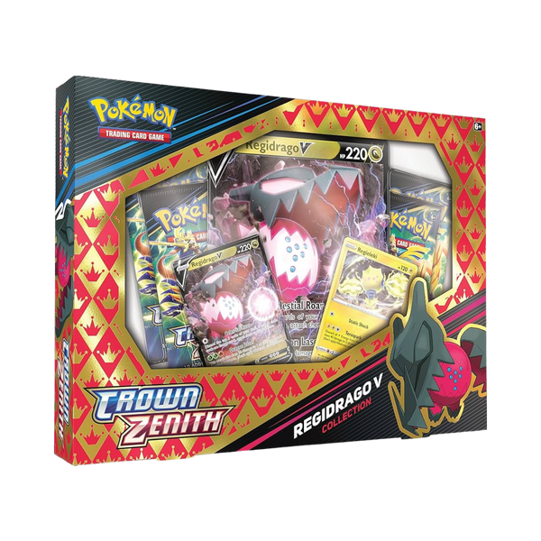 regidrago v pokemon card Crown Zenith Collection – Common Lands Legendary Artifact proof acrylic case and Panda plushie riding Pantlaza! Variants:Case Special Deal (12 Booster Boxes)