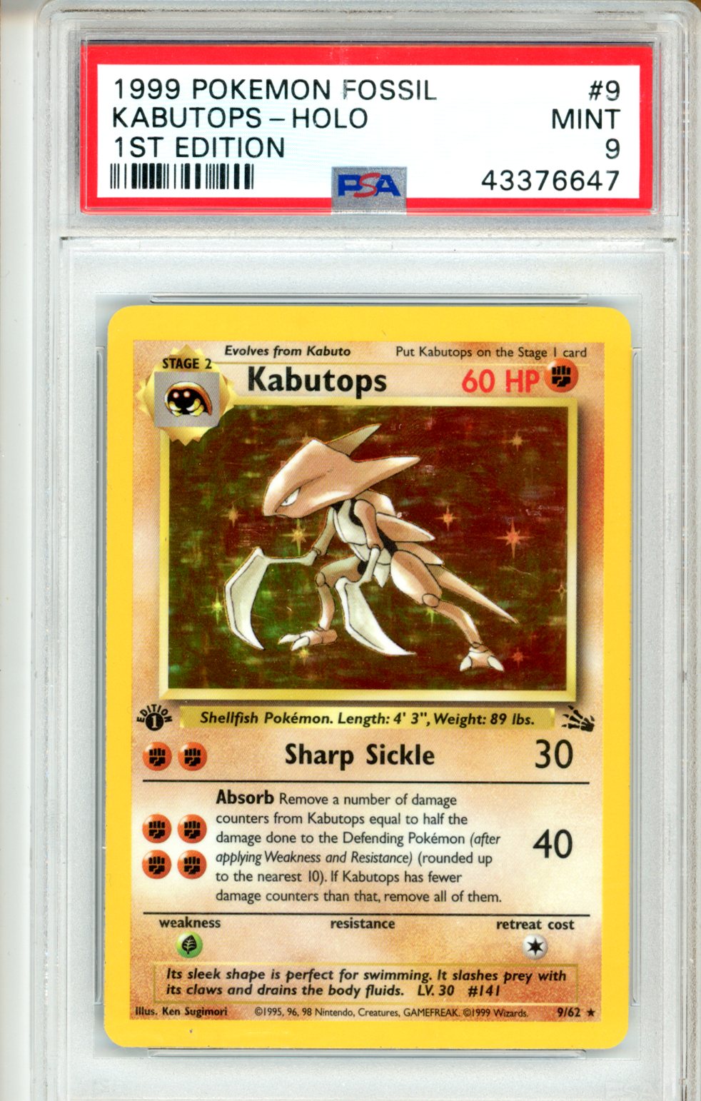 1999 Pokemon Fossil Kabutops #9 PSA 9
