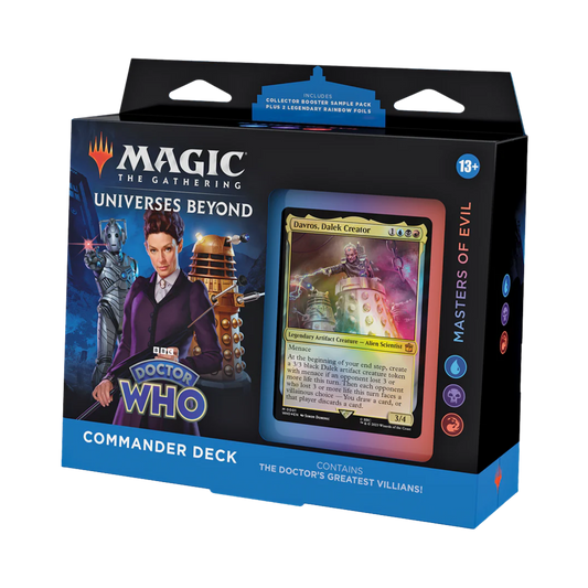 Sealed Magic: The Gathering Masters of Evil Commander Deck with 100 cards themed around villains, control, and recursion from the Doctor Who universe