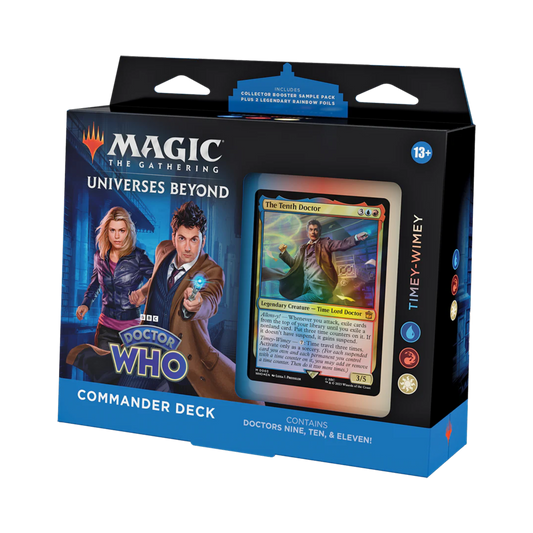 Sealed Magic: The Gathering Timey-Wimey Commander Deck with 100 cards featuring time-based mechanics and Doctor Who characters