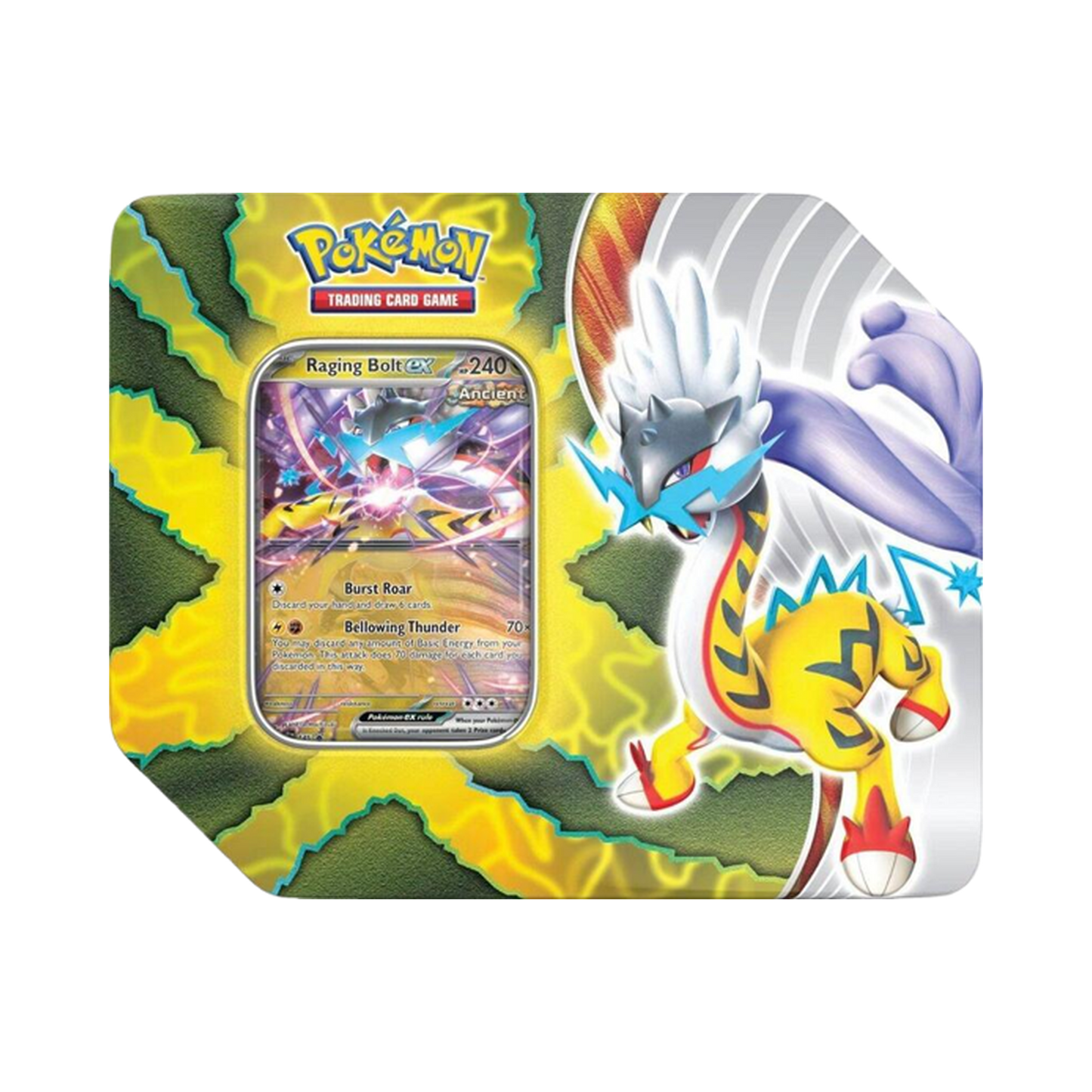 pokemon trading card game: paradox destinies tin Pokmon (One Tin per Order) Styles May Vary 210-87840 The Ancient Pokmon Gouging Fire ex and Raging Bolt ex show their primordial prowess Pokemon Paradox Destinies Tin Iron