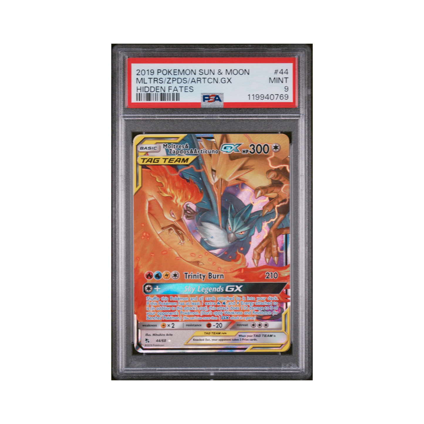 2019 Pokemon Sun & Moon Hidden Fates Moltres & Zapdos & Articuno GX #44 PSA 9